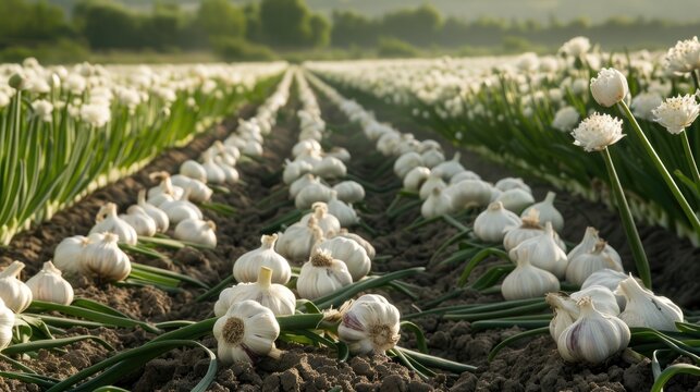 Field of garlic with aromatic flowers