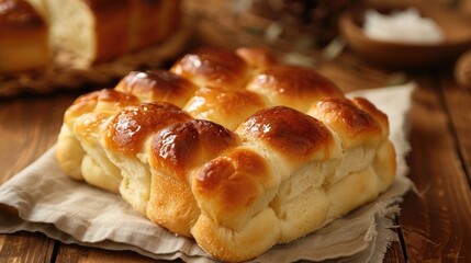 Fluffy sweet bread shaped like a grid on a wooden table with a napkin for insulation