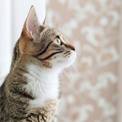 Obraz premium A tabby cat with green eyes sits by a window, looking out with curiosity.