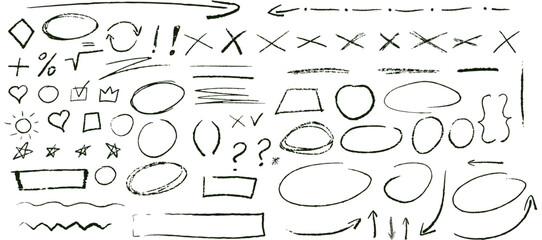 Black underline pencil hand drawn various ellipses, punctuation marks, direction pointers, arrows, stars, question mark and exclamation point. Vector grunge black strike through and underline element.