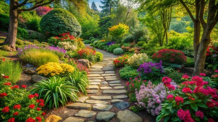 Winding stone path meanders through vibrant blooming flowers and lush greenery in a serene and tranquil natural garden setting.