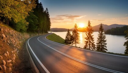 Stunning sunset drive with scenic lake, mountain, and lush forest views.