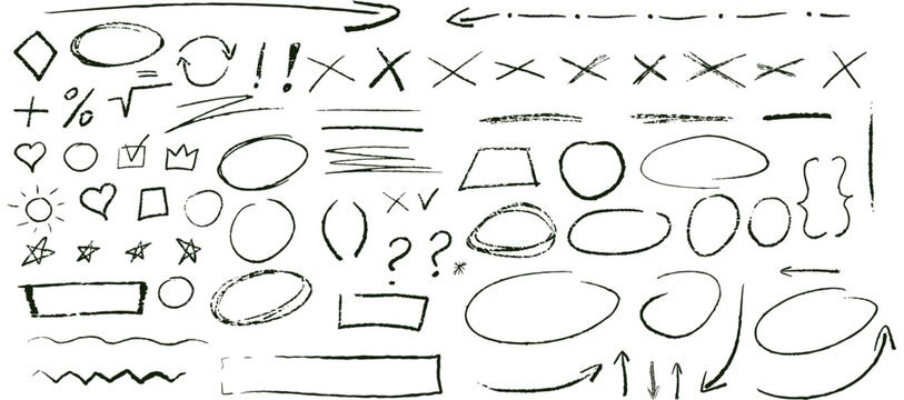 Black underline pencil hand drawn various ellipses, punctuation marks, direction pointers, arrows, stars, question mark and exclamation point. Vector grunge black strike through and underline element.