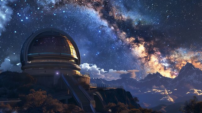 Observatory with automatic bearing and platform rotation, set against distant stars and galaxies, high altitude, detailed and scientific