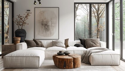 Japanese interior design of modern living room in Japandi style.