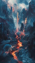 Volcanic eruption lava flowing through rocky terrain shows the raw power of nature