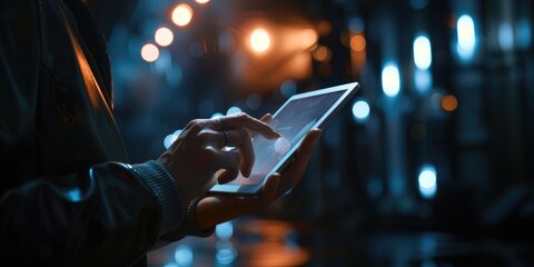 Person uses tablet in dimly lit room