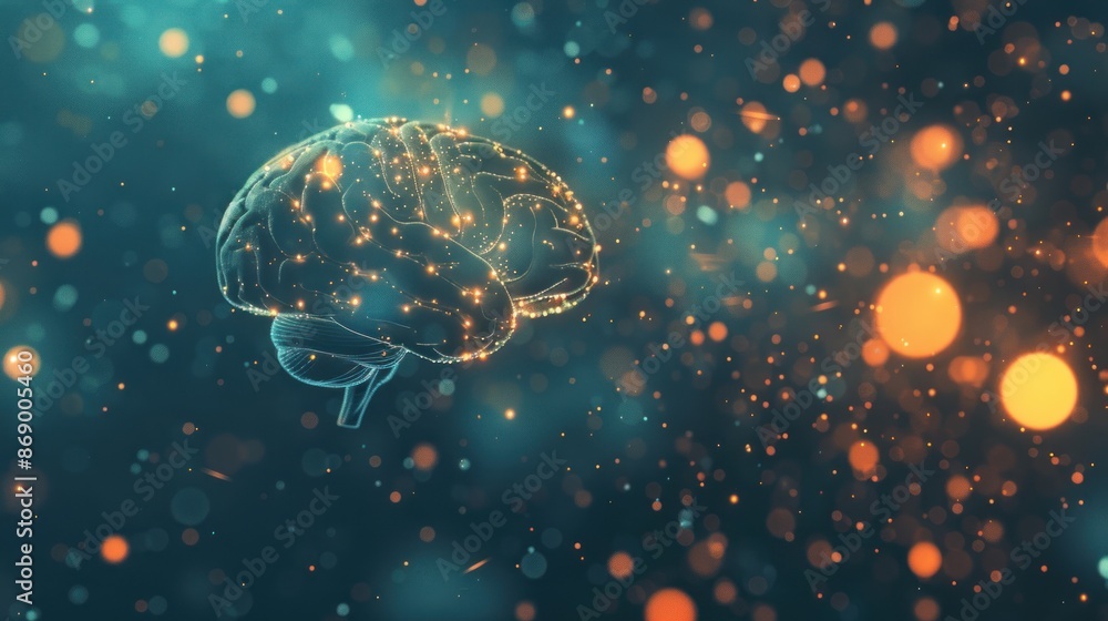 Poster glowing brain with abstract bokeh background