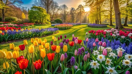 Obraz premium Vibrant tulips, daffodils, and hyacinths in full bloom flourish amidst lush greenery in a meticulously maintained serene spring landscape garden.