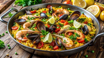 Vibrant, succulent shrimp, mussels, clams, and chorizo harmonize in a golden, saffron-infused paella, garnished with fresh lemon and parsley.
