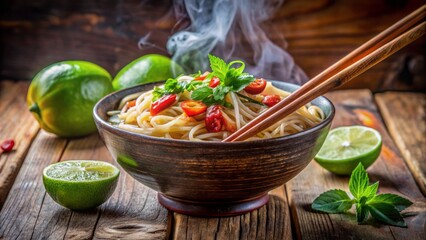 Vibrant, steaming noodles overflow a ceramic bowl, surrounded by chopsticks, fresh lime wedges, and garnishes, evoking mouthwatering Southeast Asian cuisine aroma.
