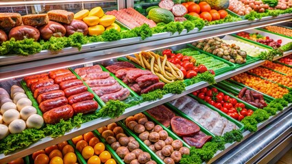 Obraz premium Vibrant refrigerated display case in a supermarket showcasing array of packaged meats with fresh, prepared ingredients in bright colors.