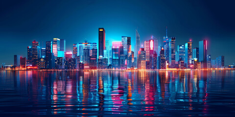 Fototapeta premium A city skyline is reflected in the water