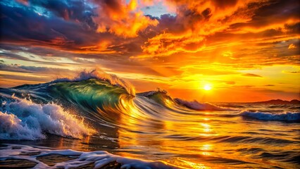 Obraz premium Vibrant orange and yellow hues burst through abstract waves, capturing serene ocean beauty in a stunning summer sunset closeup scene.