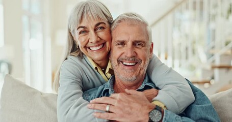 Love, face and happy senior couple hug on sofa with care, trust and bonding their home together. Marriage, portrait and old people in living room with security, support and gratitude in retirement - Powered by Adobe