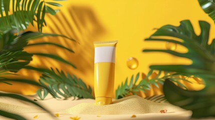 Sun cream bottle mock up. Empty blank place for logo. Body sunscreen 50 spf for very sunny weather, summer beach vacation. Suntan lotion protection. Sunblock concept. Copy space.