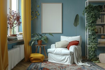 Empty white vertical poster framed mockup in living room.