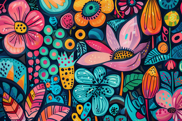 Naklejka premium A colorful painting of flowers and leaves with a bright and cheerful mood