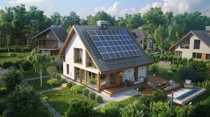 New suburban house with a photovoltaic system on the roof. Modern eco friendly passive house with landscaped yard. Solar panels on the gable roof. copy space for text.