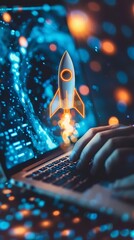 Businessman use laptop with virtual screen of rocket icon and up arrow for fast start up business
