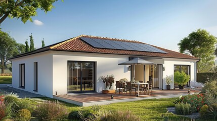 New suburban house with a photovoltaic system on the roof. Modern eco friendly passive house with landscaped yard. Solar panels on the gable roof. copy space for text.