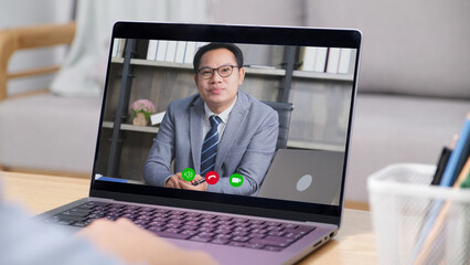 Video conference, Work from home, Asian man making video call to business team with virtual web, Coworker talking on web, Online consultation business
