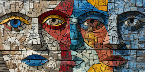 Obraz premium The is a mosaic of three faces, each with different colored eyes