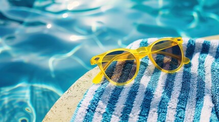 Close-up of yellow sunglasses on a blue and white striped towel beside a pool, reflecting the bright summer sun.