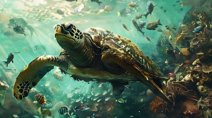 Obraz premium The turtle in polluted ocean near many fishes very detailed and realistic shape