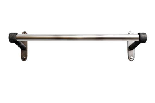 Stainless steel wall-mounted grab bar with black end caps for safety and support in bathrooms, kitchens, or other living spaces.