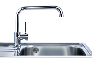 Modern stainless steel kitchen sink faucet with a sleek design over a white background, perfect for home improvement or interior design themes.