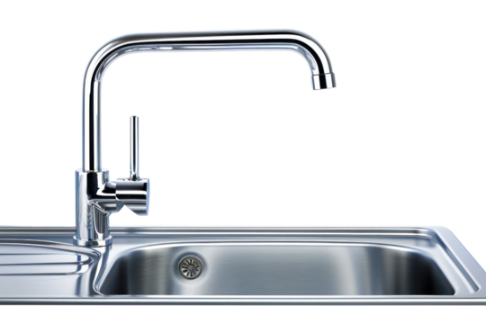 Modern stainless steel kitchen sink faucet with a sleek design over a white background, perfect for home improvement or interior design themes.