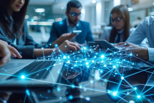 young business people meeting office teamwork group network wireless internet tablet smartphone mobile phone connection technology laptop computer together, Generative AI