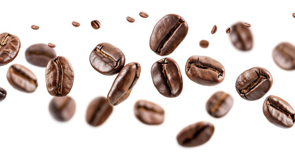 A close-up of coffee beans in the air isolated on a white background