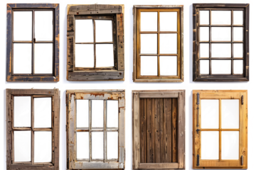 A collection of industrial-style vintage wooden window frames on a clean white background