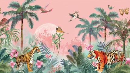 Jungle Tropical Scene: Exotic Floral Background with Palm Trees, Plants, and Wild Animals