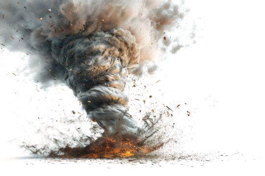 tornado's structure, including the funnel cloud, debris cloud, and surrounding winds.