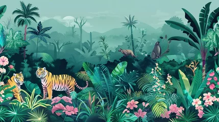 Tropical Jungle Illustration: Exotic Floral Background, Palm Trees, Plants, and Wild Animals