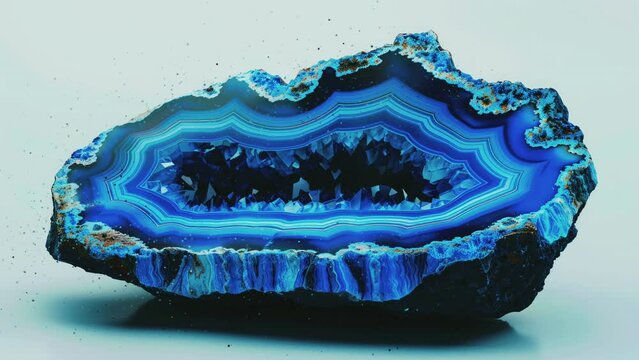 Detailed view of the crystal patterns inside a cross-section of a blue agate geode.
