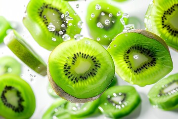 Flying kiwi fruits isolated on white background for food.