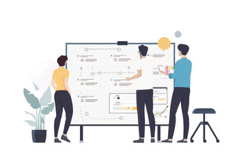 white backdrop with a Kanban board framework, highlighting the flow of tasks from left to right.