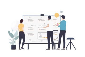 white backdrop with a Kanban board framework, highlighting the flow of tasks from left to right.