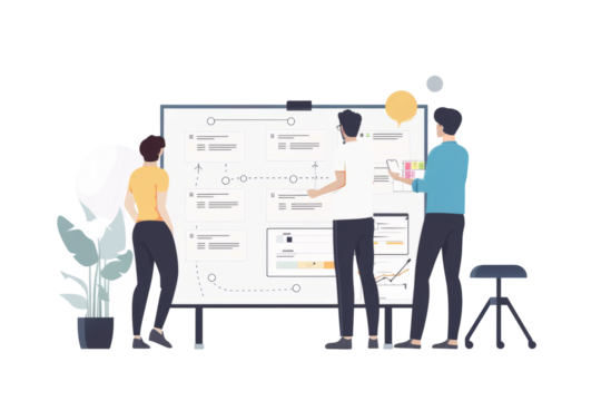 white backdrop with a Kanban board framework, highlighting the flow of tasks from left to right.