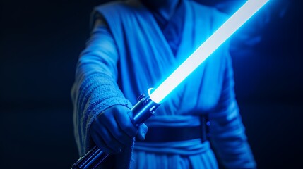 man holding blue lightsaber, lightsabers glowing in the dark room, hands close up, cinematic, photo realistic 