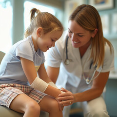 Fototapeta premium Image of medical professional gently bandaging a child patient, a procedure often performed after a minor injury or surgery to protect and promote healing, medical clinic or first aid.