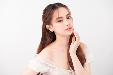 Fototapeta premium Beautiful young asian woman with clean fresh skin on white background, Face care, Facial treatment, Cosmetology, beauty and spa, Asian women portrait.