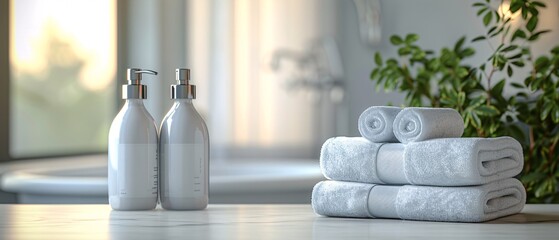 White bathroom interior with empty marble table top and blurred background.