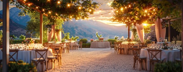 Beautiful outdoor wedding reception at sunset with string lights, elegant tables, and stunning mountain views in the background.