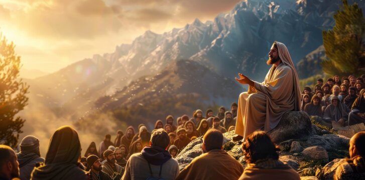 A man in a white robe is standing on a hill. Jesus teaching on a mountaintop in the Sermon on the Mount. Concept Spirituality, Religion, Biblical Teachings, Sermon on the Mount, Jesus Christ