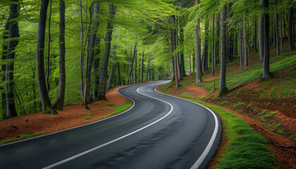 Obraz premium Winding Road Through a Lush Green Forest